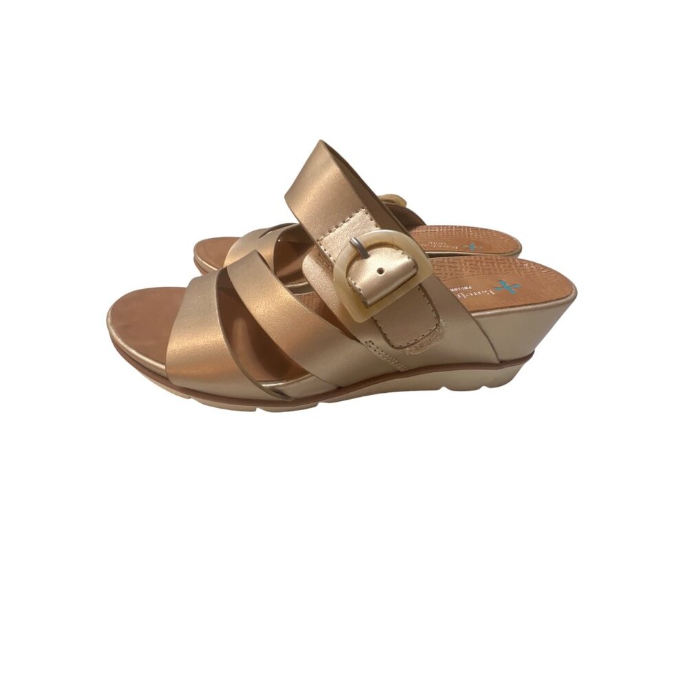 Baretraps Womens Gold Wedge Sandals With Adjustable Strap & Cushioned Footbed Si